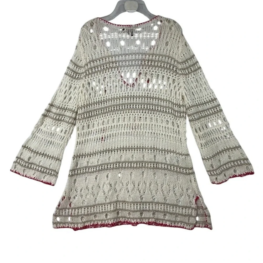 Tommy Bahama‎ Women's Crochet Knit Tunic Top L/G Beige Tan Red V-Neck